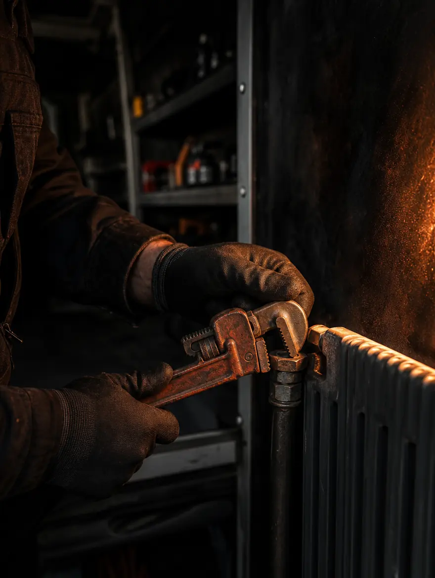 Handen met werkhandschoenen draaien een sleutel op een radiatorkraan