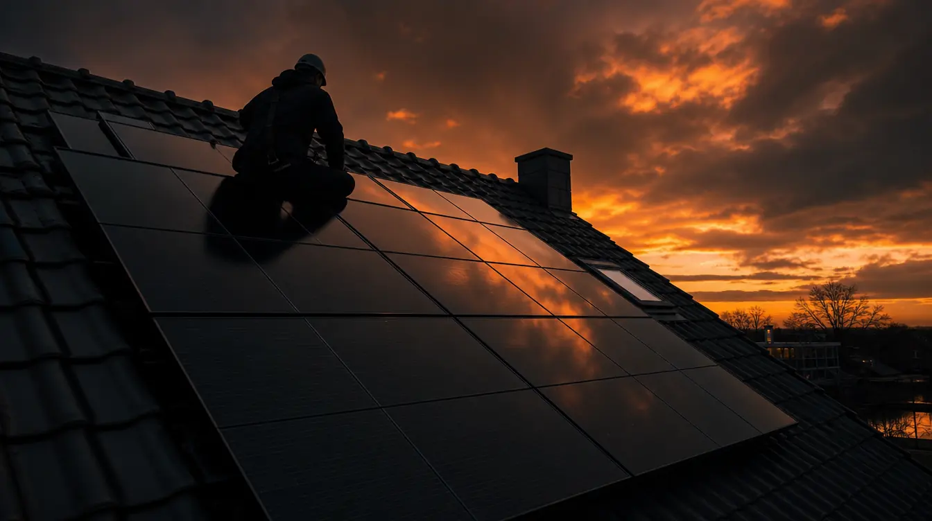 Monteur op een dak met zwarte zonnepanelen bij zonsondergang